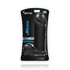 Si-31221 9in THICK VIBRATING SILICONE DONG W/BALLS - BLACK